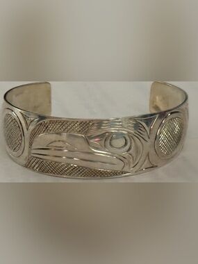 Signed Northwest Coast First Nations  Sterling Silver Cuff Bracelet